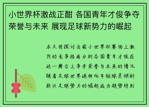 小世界杯激战正酣 各国青年才俊争夺荣誉与未来 展现足球新势力的崛起
